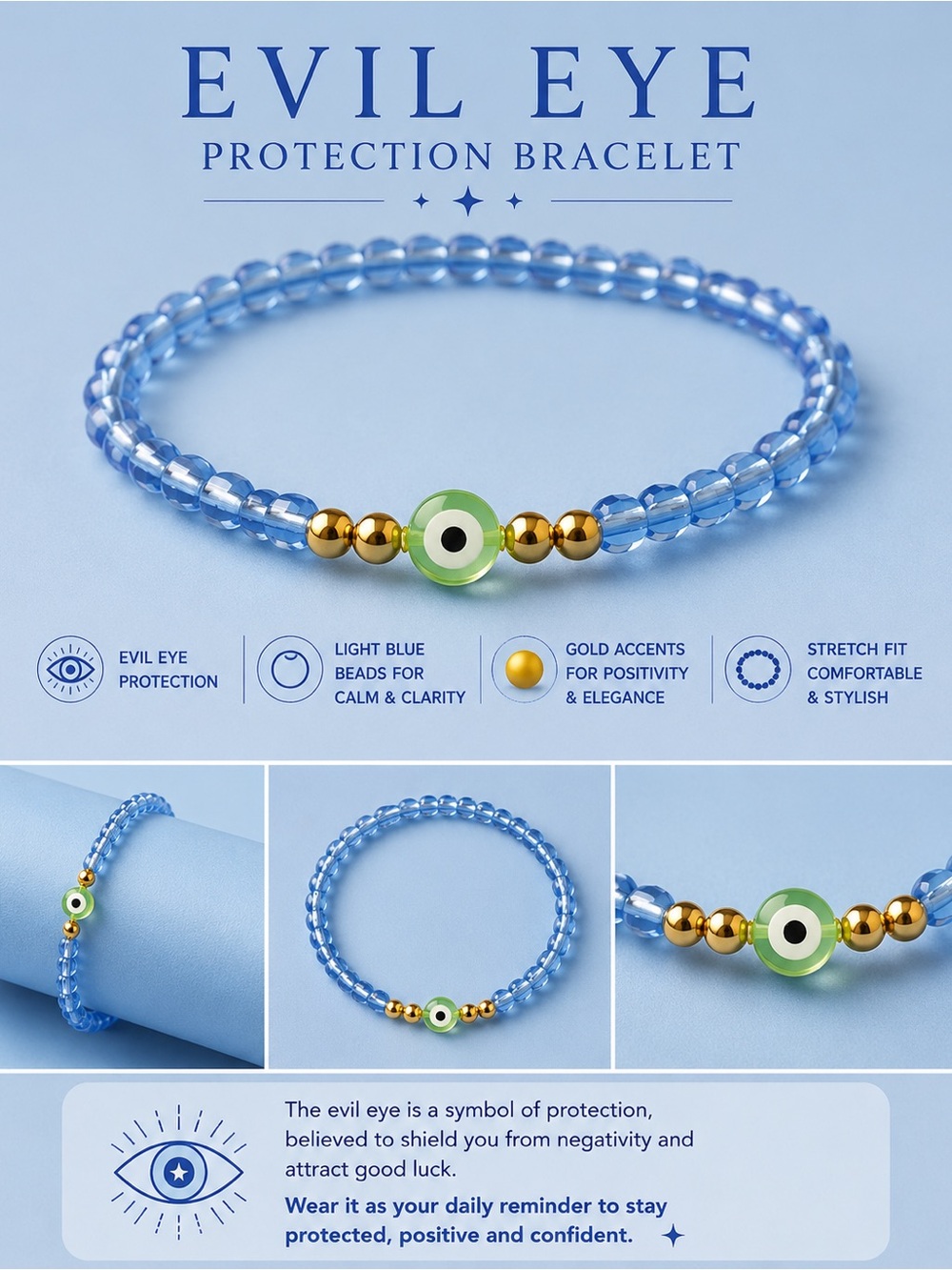 Evil Eye Protection Bracelet - Light Blue Beads with Gold Accents #03